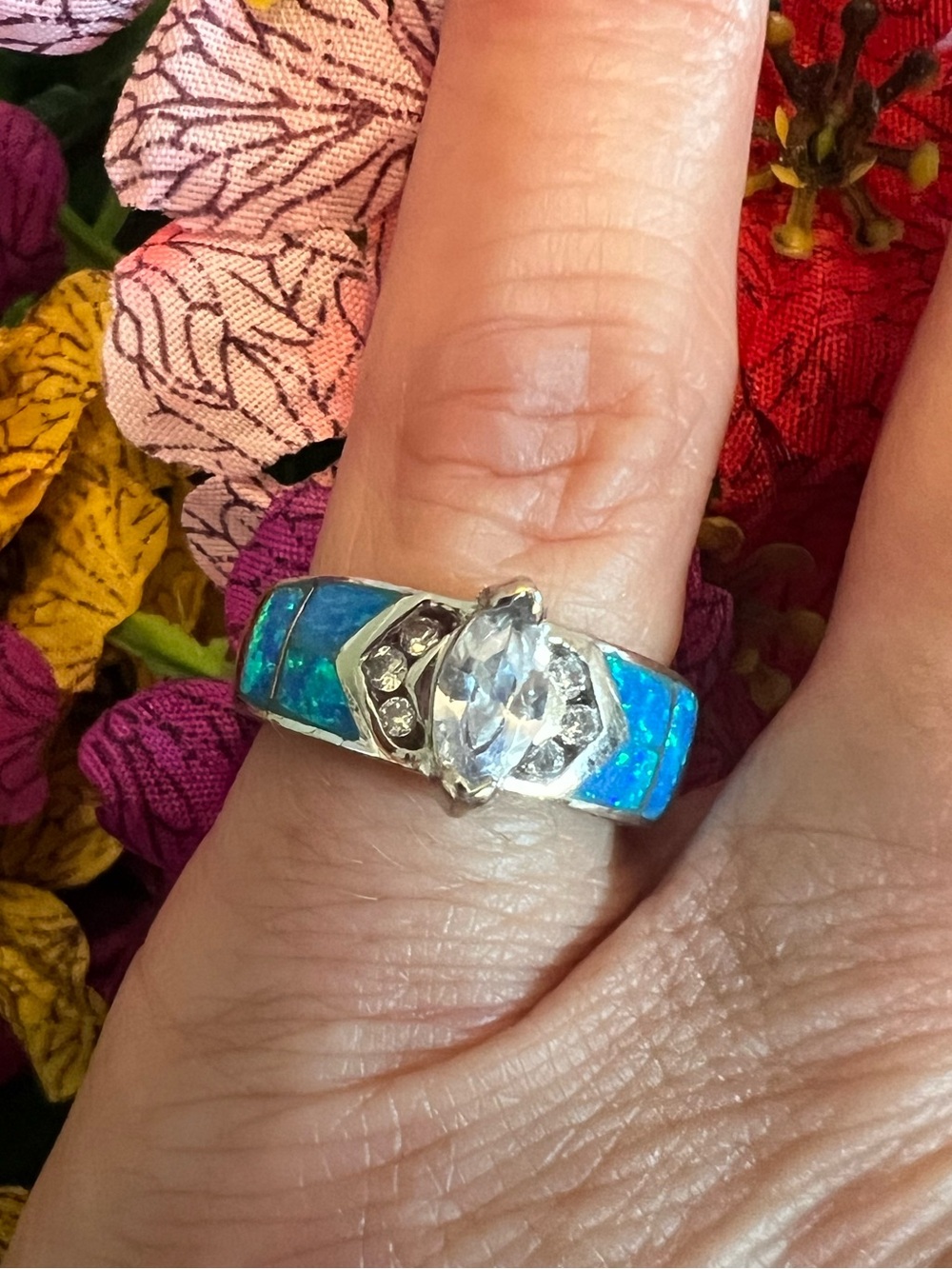 Sterling Silver Blue Opal Inlay CZ Ring